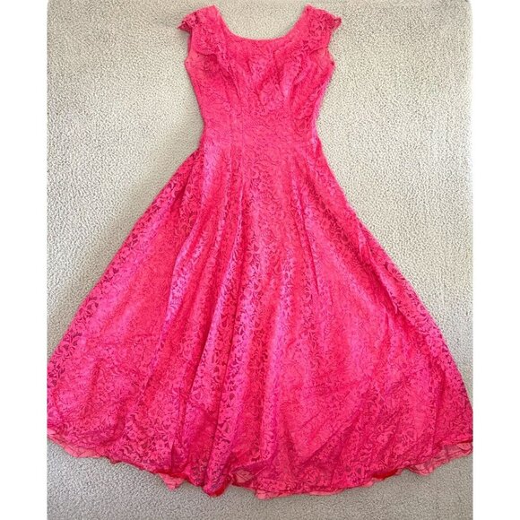 Vintage 50s Anns Vogue Shoppe Dress Small Midi Full Skirt Pink Lace Bubble - Picture 1 of 16